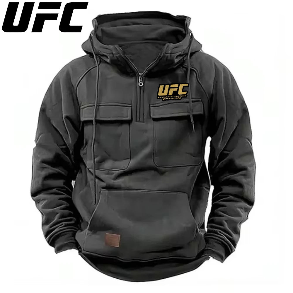 UFC Autumn Winter Men's Hooded Solid Hoodies Sweatshirts Sports Outdoor Casual Hoodie Coat Jackets Multi Pockets Male Zipper.