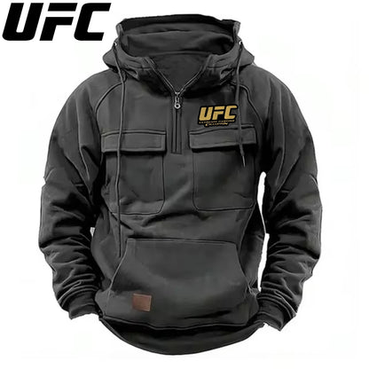UFC Autumn Winter Men's Hooded Solid Hoodies Sweatshirts Sports Outdoor Casual Hoodie Coat Jackets Multi Pockets Male Zipper.