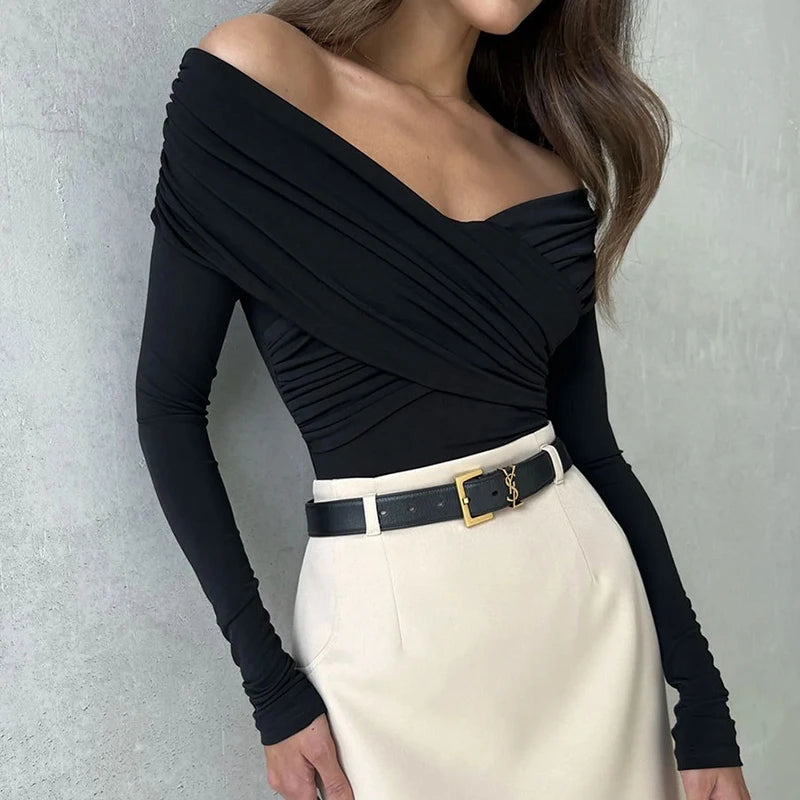 Chic Sexy Criss-cross Pleated Slash Neck Slim Fit Solid Color Basic 2024 Sexy Hot Female Long-sleeves High Waisted Bodysuit Tops.