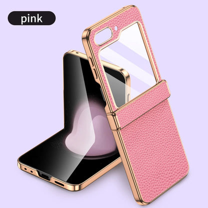 Cowhide Leather Phone Case for Samsung Galaxy Z Flip7 Flip6 Flip5 Flip 7 6 5 Luxury Hinge Protection Cover with Tempered Glass