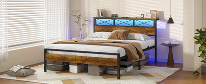 120 x 200 LED-beleuchteter Metallbettrahmen mit Steckdose und USB-Ladefunktion, Holzkopfteil, Stauraumbett B