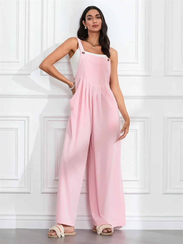 Women Fashion Jumpsuits Sleeveless Buttons Suspender Wide Leg Pant Overalls with Pockets Casual Loose Romper Streetwear.