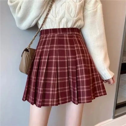 2024 Women Fashion Korean Style JK Mini Skirts Girls Red Grey Plaid Pattern Dress Female Versatile A Line Zipper Pleated Skirts.