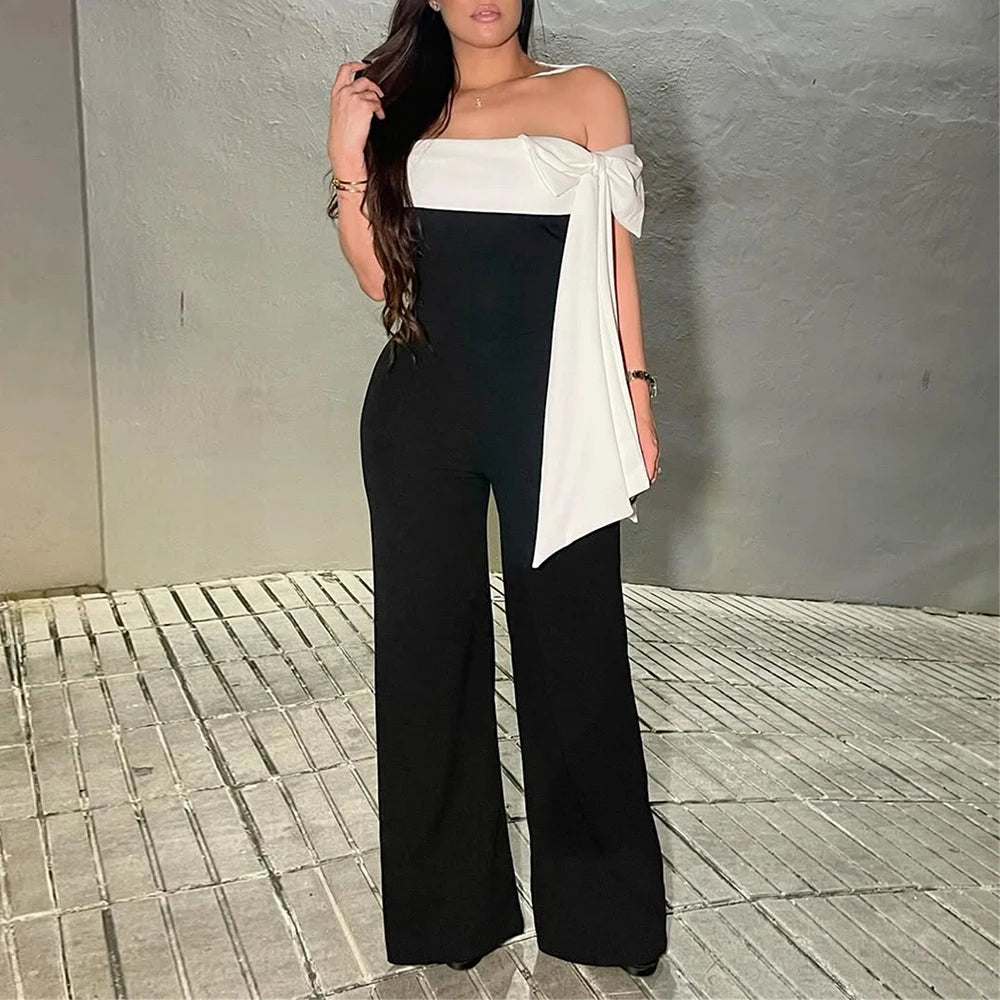 Jumpsuits Spring Summer Fashion Elegant Bowknot Contrast Color Off Shoulder Strapless Full Length Jumpsuits For Women.
