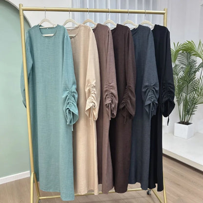 2024 Saudi Arabia Muslim Women Modest Dress Eid Dubai Plain Abaya Islamic Holiday Party Solid Turkey Lace-up Cuffs Long Clothes