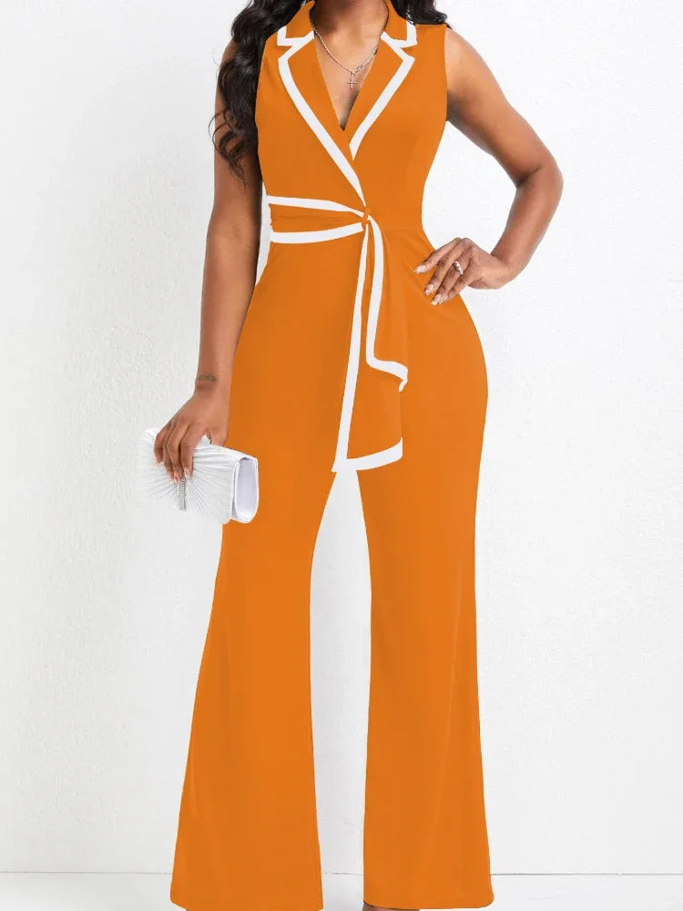 Women's Overalls Outfits Full Length New Fashion 2025 Summer V Neck Elegant Sleeveless Office Lady Jumpsuit Wide Leg Pants