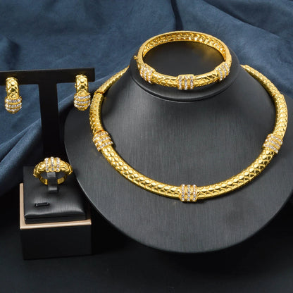 Luxury 18k Gold-Plated Women's Jewelry 4-Piece Round Necklace Bracelet Earrings Ring Gold Classic Dubai Wedding Gift.