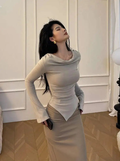 New Spicy Girl One Shoulder Trumpet Long Sleeve T-shirt Female Autumn Slim Sweet Fashion Korean Women Tees Sweet 2025 New 91NV.