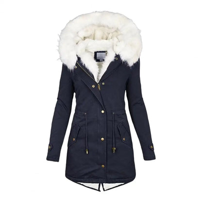 Verdickter Damen-Winter-Baumwollmantel, Kunstpelzkapuze, Fleece-Reißverschluss-Knopfjacke, winddicht, mittellang, schlanke Oberbekleidung