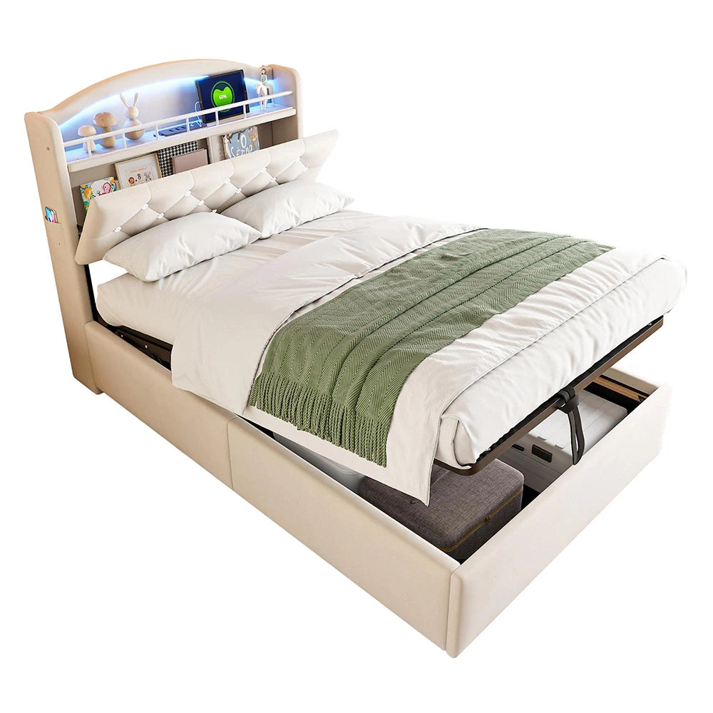 KOMHTOM Kinder Polsterbett 90x200 cm Samt Einzelbett, Multifunktionsbett mit Stauraum, LED und USB
