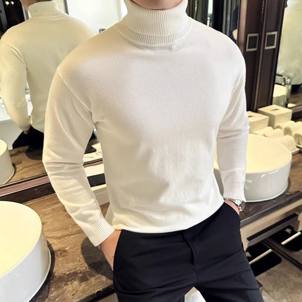 Korean Fashion Autumn Winter Sweaters Men Pullovers Fleece Turtleneck Knitted Sweatshirt Warm Bottoming Shirts.