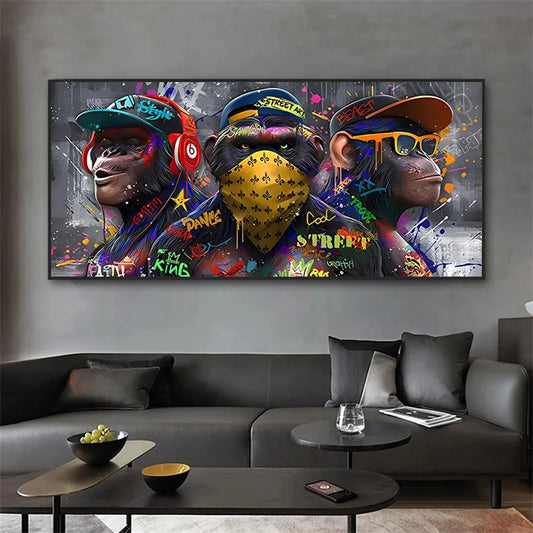 Graffiti Three monkey Wall Art Poster Animal Pop Mural Modern Home Decor Canvas Painting Picture Prints Living Room Decoration.