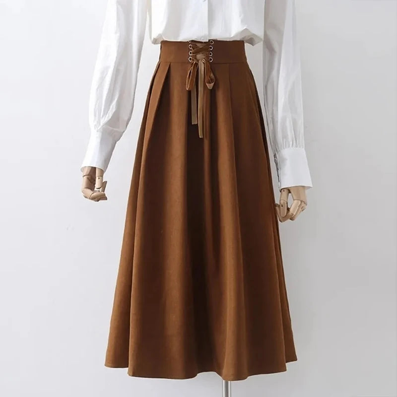 Preppy Style Vintage Long Skirts Women High Waist Sweet Loose A Line Skirt Lace Up Retro Fall Winter Female Elegant Long Skirts.