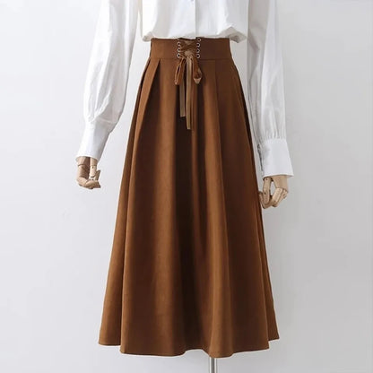 Preppy Style Vintage Long Skirts Women High Waist Sweet Loose A Line Skirt Lace Up Retro Fall Winter Female Elegant Long Skirts.