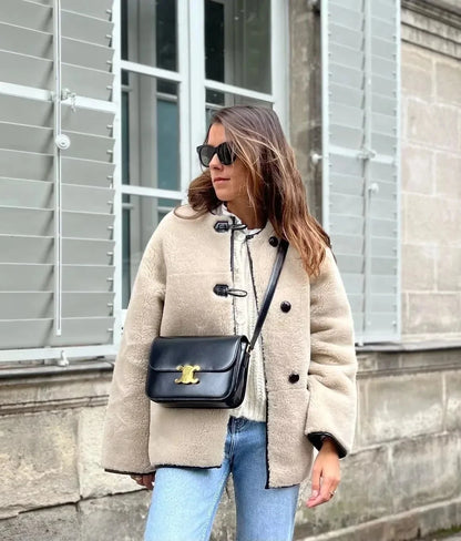 ZBZA Women's Faux Wool Jacket Loose Retro O-neck Single Breasted Long Sleeve Double Pocket Casual Overcoat Fall Winter Chic Coat