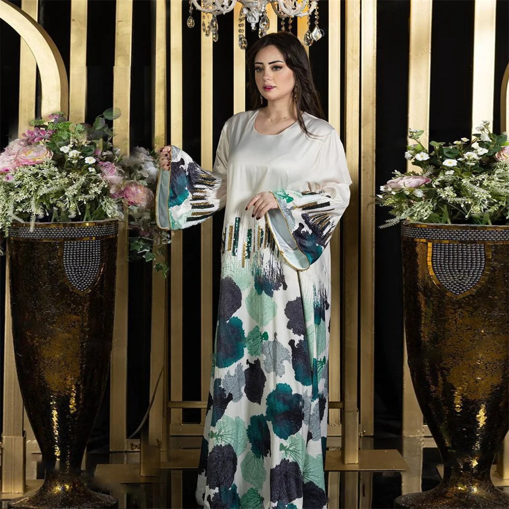 Siskakia Arab Saudi Printing Sequins Long Dresses Galabia Muslim Eid Women Abayas Islam Clothing Turkish African Kebaya 2024 New.