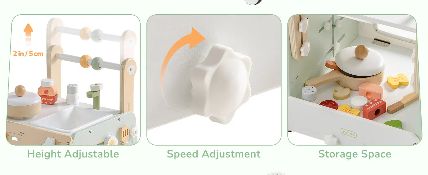 ROBUD Wooden Baby Push Walker Learning Walking Toys Adjustable Height Walker with Decelerator Montessori Toys for Baby age 1+.