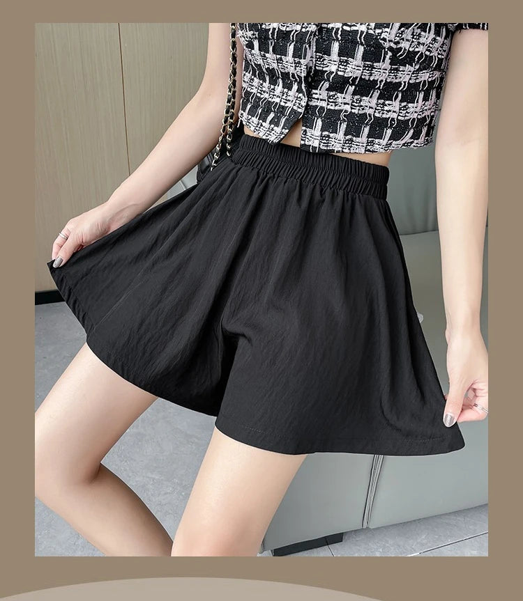 Women Quick Dry Sporty Short Pants Summer Thin Pleated Shorts Skirts High Waist A- Line Five Quarter Pants Cool Wide Leg Pants.