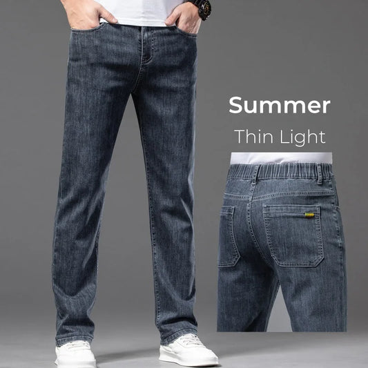 Spring Summer Thin Men's Classic Jeans Elastic Loose Straight Cotton Casual Denim Trousers Brand Clothing Business Male Pants.
