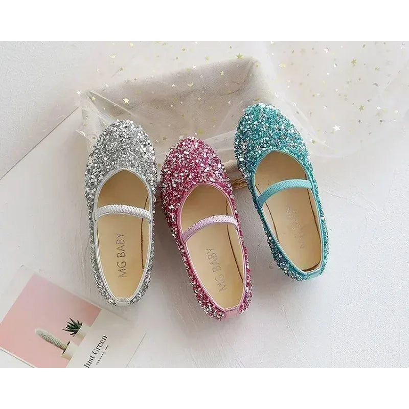 2025 Spring 1 to 12 years old girls dress shoes Beauty Pointed Toe Teen Girl Leather Shoes Bling Princess Wedding Shoes.