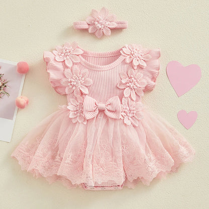 Visgogo Neugeborenen Baby Stram pler Kleid 2 Stück Outfits Mesh Spitze Patchwork Rüschen Bodysuit und Stirnband süße Sommerkleid ung