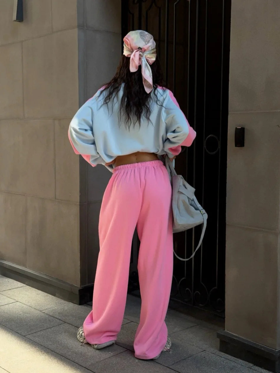 European American 2025, Neuankömmling Damen-Anzug-Set, hochwertiger Herbst- und Winter-Hoodie mit Farbblock-Hose, zweiteiliges Outfit