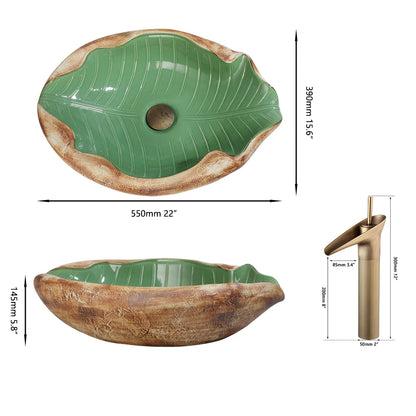 KEMAIDI Art Keramik-Badezimmerwaschbecken-Set, Waschbecken im Blatt-Stil mit Wasserfall, Antik-Messing-Wasserhahn und Abfluss, hochwertige Waschbecken aus Porzellan
