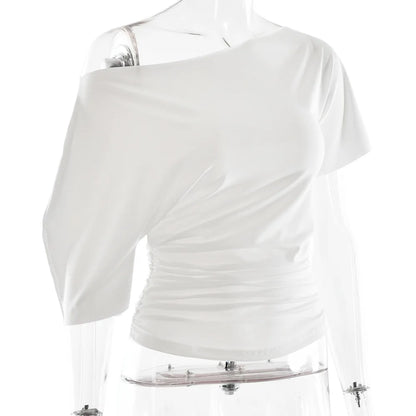 Cryptographic One Shoulder Ruched Asymmetrical Tops for Women Outfits Sexy Short Sleeve Casual Tops Slim T-shirts Summer Clothes.