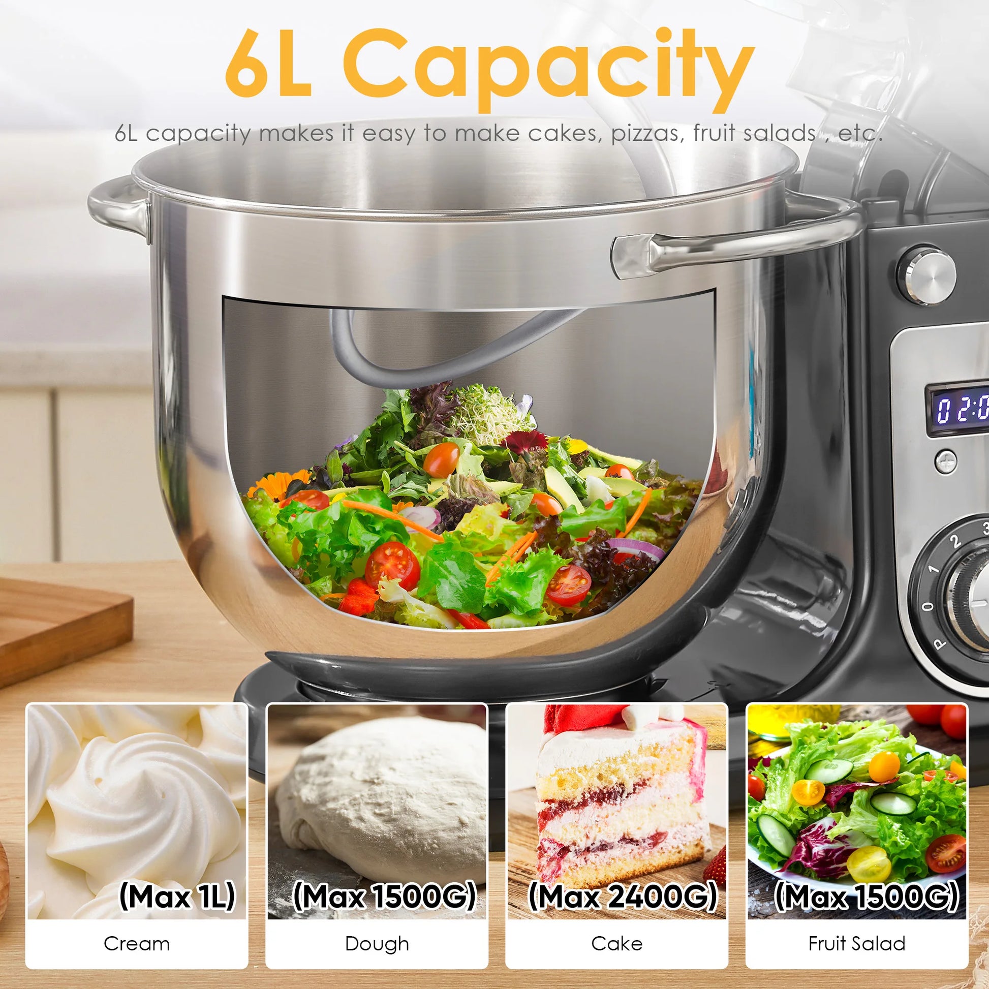 BioloMix Kitchen Food Stand Mixer, Blender, Quiet Motor, Cream Egg Whisk, Whip Dough Kneader, 6-Speed, 1200 W, 6 L, DC.