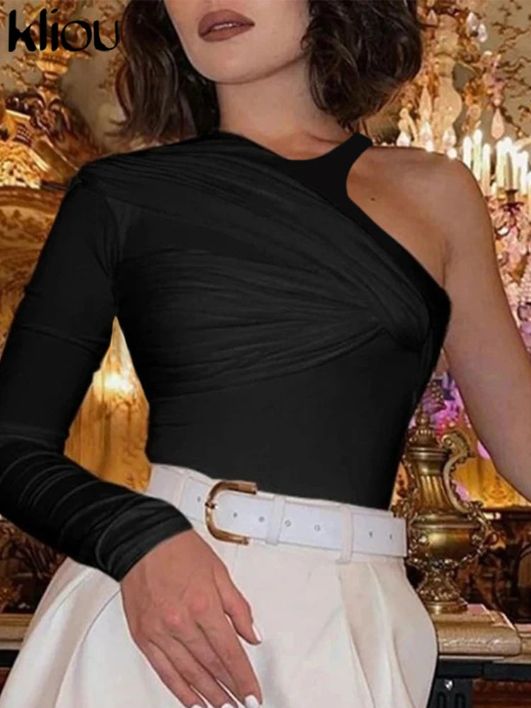 kliou Classic Solid Women Bodysuits Autumn All-matched Stacked Ruched Incline Shoulder Skinny Rompers Female Trend Street  Tops.