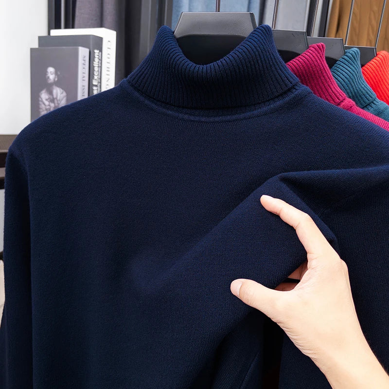 Autumn Mens High Quality Knitted Turtleneck Sweater Slim Fit Long Sleeve Anti-pilling Pullover Solid Color Trend Men Streetwea.