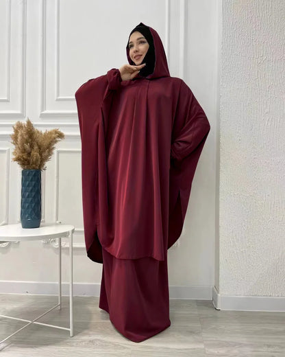Eid Hooded Abaya 2 Piece Set Long Hijab Khimar Muslim Women Dress Prayer Jilbab Ramadan Gown Abayas Skirt Sets Islamic Clothes.