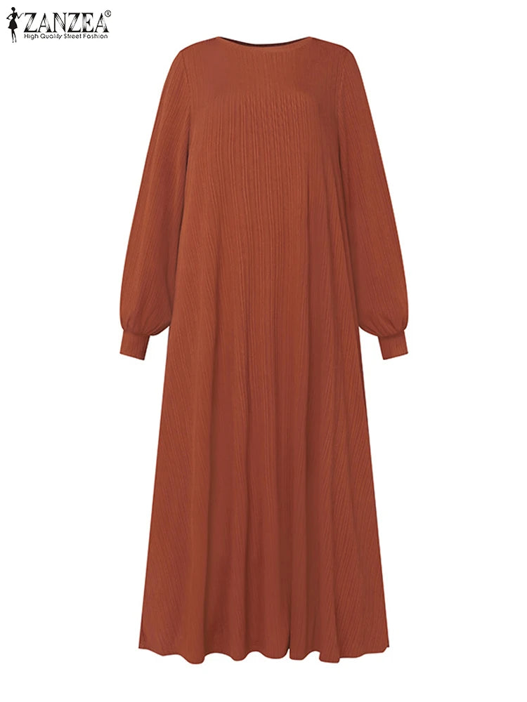 ZANZEA Fashion Muslim Abaya Women Autumn Maxi Sundress Casual Long Sleeve Kaftan Hijab Vestido Solid Loose Islamic Clothing 2024.