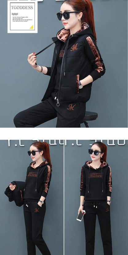 Women's Fashion Plush Thickened Sweat Suit 2025 Autumn Winter New Casual Hooded Tops Waistcoat Pants 3 Three Piece Set For Women.