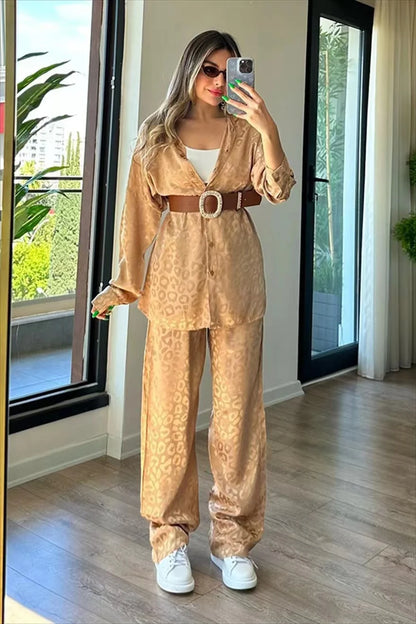 2024 Autumn White Satin Wide Leg Trousers Suit For Women Office Leopard Print Two-Piece Set Home Tracksuit Female Pajamas Sets.