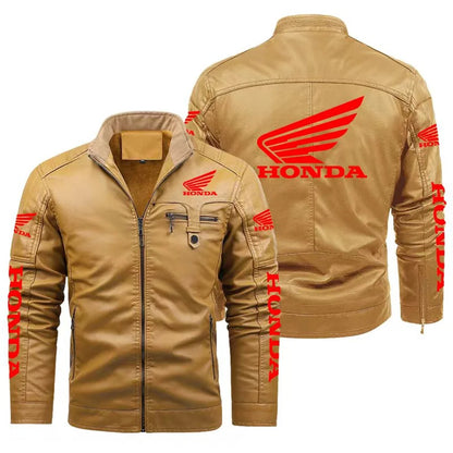 Men's vintage warm leather jacket, Honda motorcycle racing jacket, zipper windbreaker top, outdoor fashion, warm, winter.