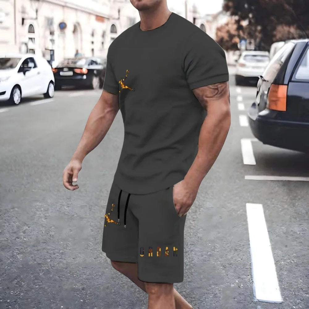 New men's fashionable casual clothing summer sports round neck short-sleeved T-shirt and drawstring shorts breathable suit.