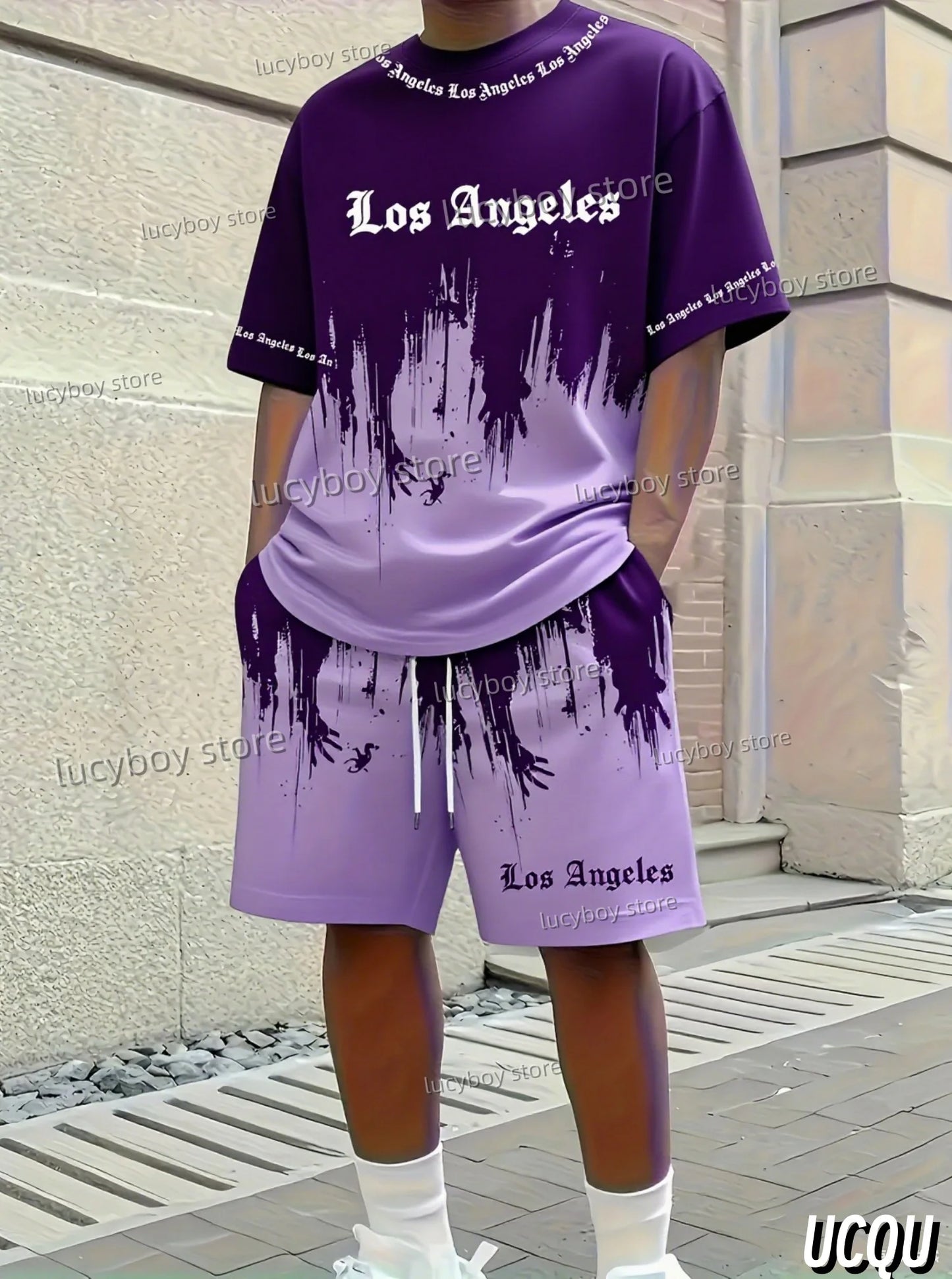 Summer Los Angeles Letter 3D Graffiti Pattern Men's Suit 2 Pieces Set Casual Suit Sports Set Men's Tracksuit Oversized Clothes.