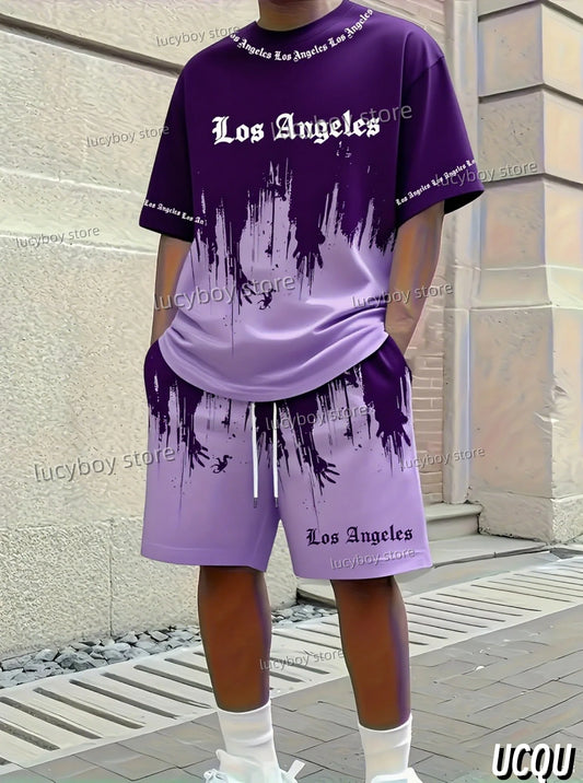 Summer Los Angeles Letter 3D Graffiti Pattern Men's Suit 2 Pieces Set Casual Suit Sports Set Men's Tracksuit Oversized Clothes.