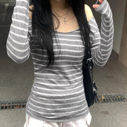 Spring Fall Women's New Japanese Basic Models Slim Long-Sleeved Striped t-Shirt Strapless Korean Street Style y2k Thin Tops.