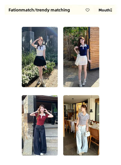 Women's Slim Fit Short Sleeve Polo Shirt Summer New Color Collision Design Red T-Shirt Top Fashionable Casual Business Wear.