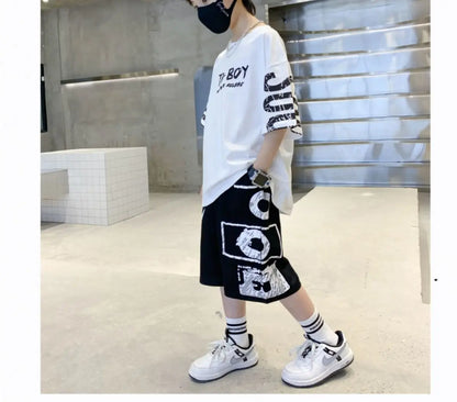 Boys Summer Trendy Casual Sports 2pcs T-shirts+Pants Suits 3-14 Years Teenage Boys Hip Hop Style Fashion Outfits Clothes Sets.