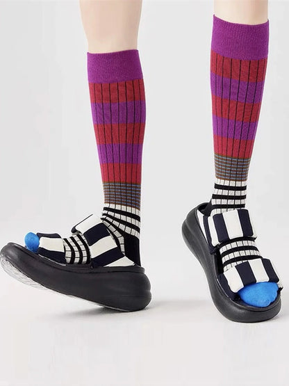1 Pair Korean Style Women's Calf Socks Fashion Rainbow Stripes Socks Outdoor Sport Cycling Vintage Harajuku Middle Tube Long.