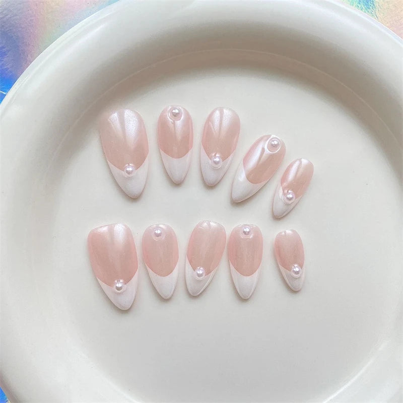 Aurora Handmade Press On Nails White Almond French Fake Nails Medium Wearable Manicure Simple Pearl Decoration Finger Nails Art.