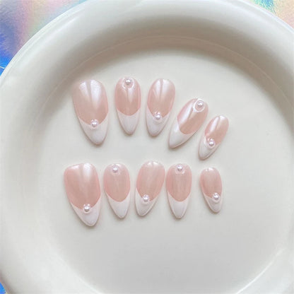 Aurora Handmade Press On Nails White Almond French Fake Nails Medium Wearable Manicure Simple Pearl Decoration Finger Nails Art.