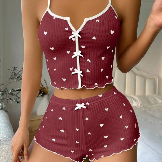 Sexy Nachtwäsche Frauen Pyjamas Set Herz Druck Seide Fleck V-ausschnitt Ärmellose Casual Cami Top und Shorts Sets Hause Anzug Loungewear