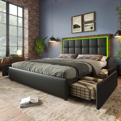 KOMHTOM Polsterbett PU - LED-Beleuchtungsleiste, 4 Schubladen, höhenverstellbares Kopfteil, ohne Matratze