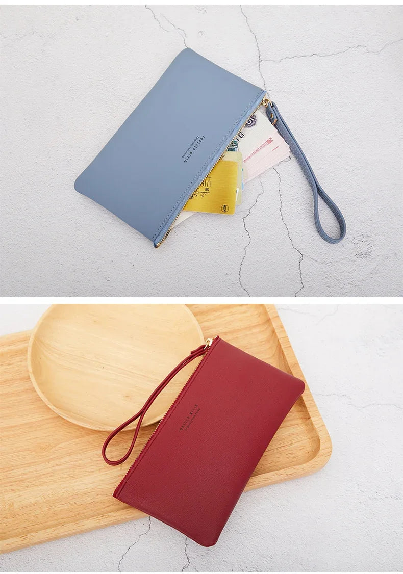 MIYIN Simple and Fashionable Women's Ultra Thin Long Wallet Solid Color PU Leather Zipper Wallet Large Capacity Portable Handbag.