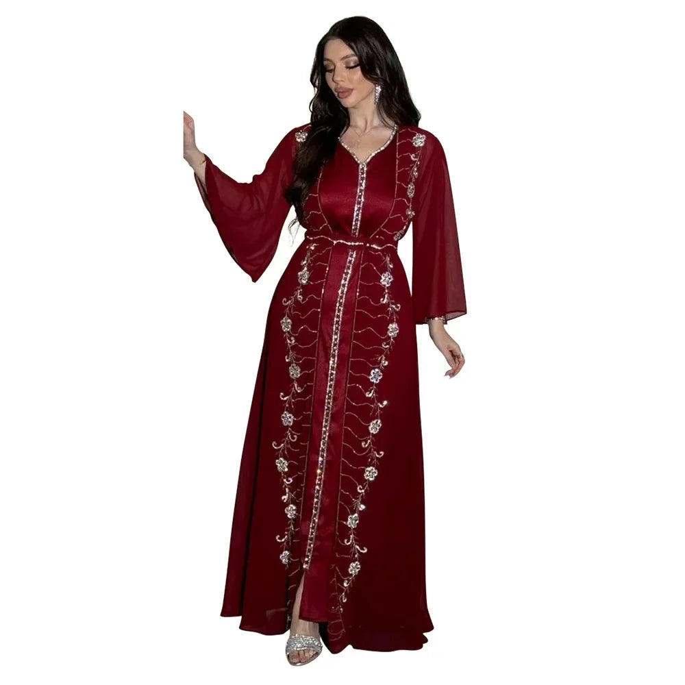 Autumn Fashion Muslim Dresses for Women Muslim Long Sleeve V-neck Party Evening Long Abay Dress Suit Inner and Abaya Outfits.