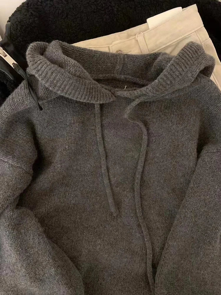 Autumn Knitted Hoodie for Women Korean Loose Thick Warm Casual Sweatshirt Bf Solid Simple Basic All Match Pullover Sweater New.